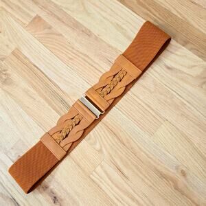 Wide Tan Elastic Stretch Belt Braided Panel Gold Buckle Boho Plus XXL 43.5”
